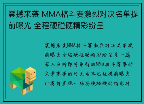 震撼来袭 MMA格斗赛激烈对决名单提前曝光 全程硬碰硬精彩纷呈